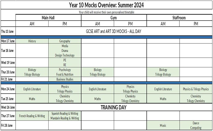 Yr10 Timetable Mocks 2024